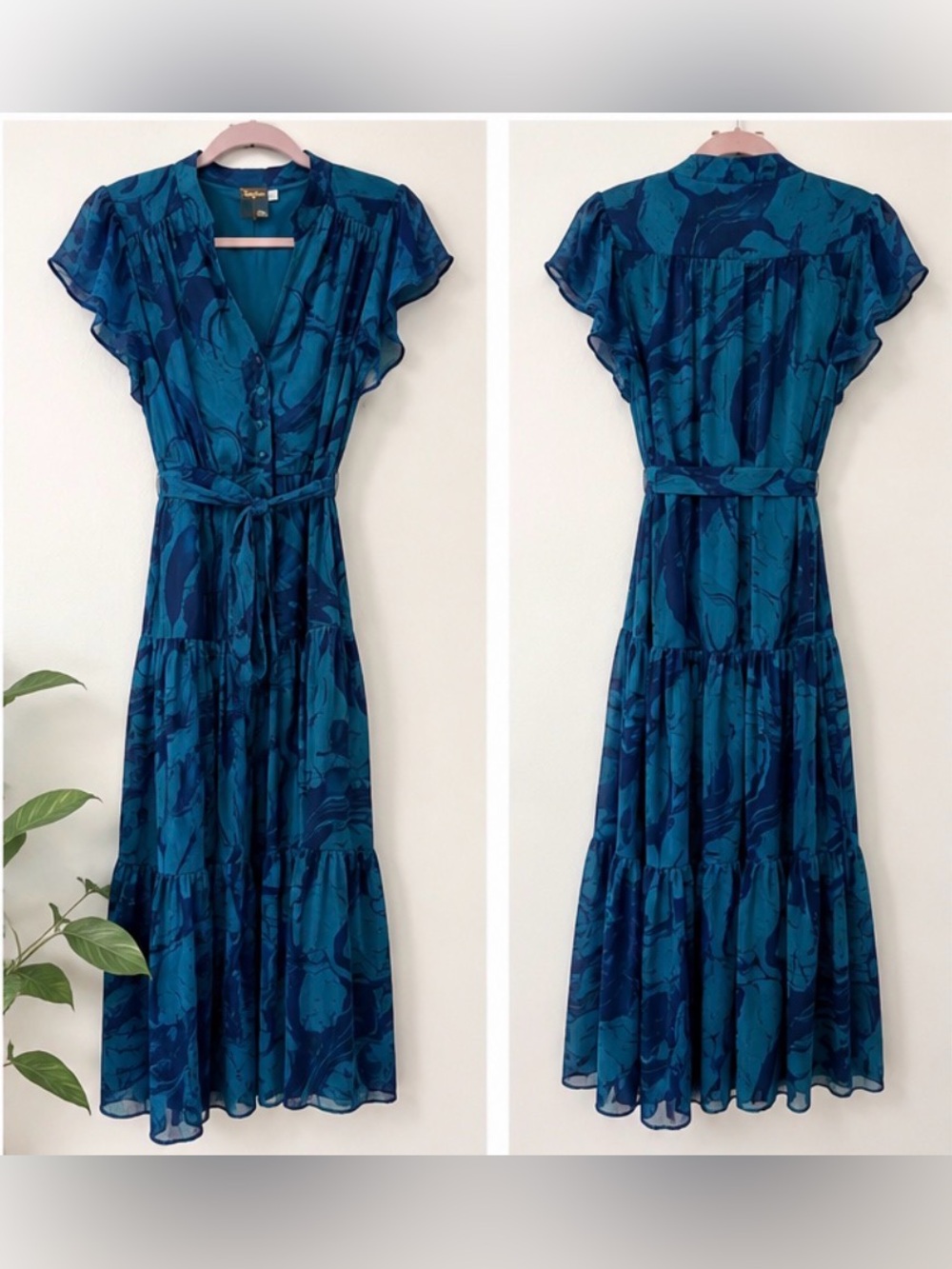 Taylor Teal & Navy Abstract Print Belted Maxi Dress – Size 8